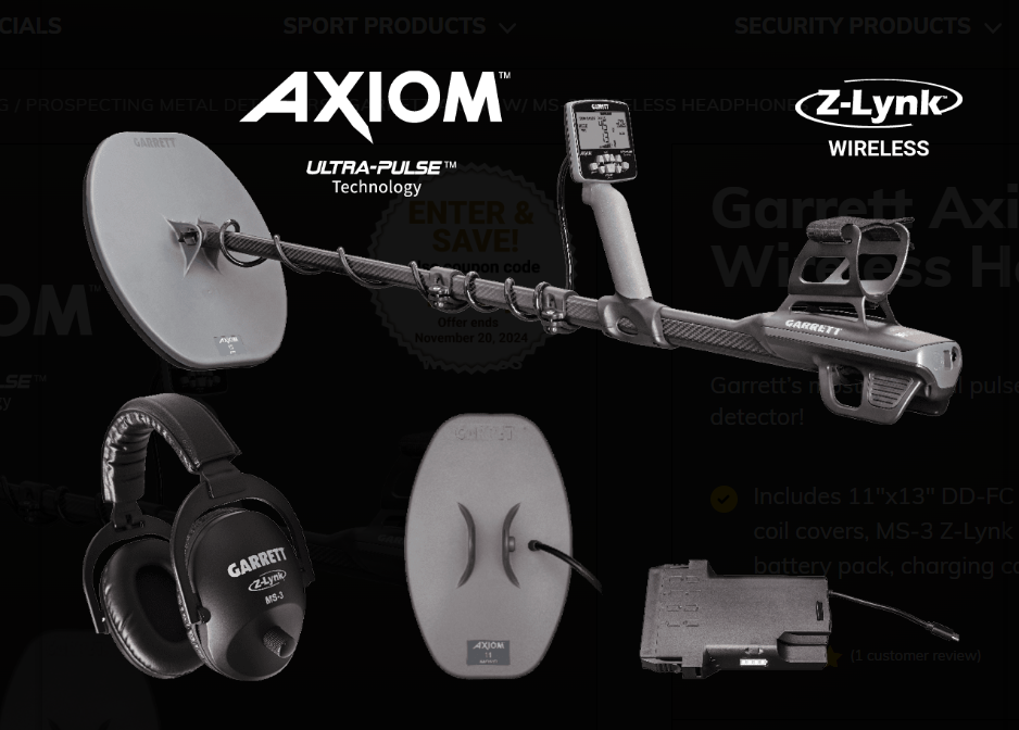 Garrett Axiom Metal Detector with 13"x11" DD Coil, 11"x7" Mono Coil and Wireless MS-3 Headphones