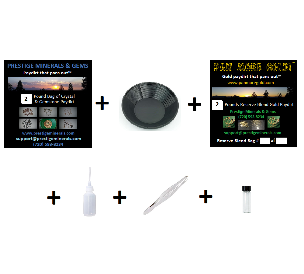 Complete Gold, Crystal & Gemstone Panning Kit With Reserve Paydirts, Pan, Snuffer, Tweezers, & Vial